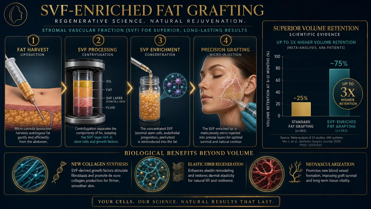 SVF stem cell-enriched fat grafting process: fat harvest, SVF processing, enrichment, and precision grafting — showing 3x higher volume retention vs standard fat grafting — Dr. Shim Ching Honolulu